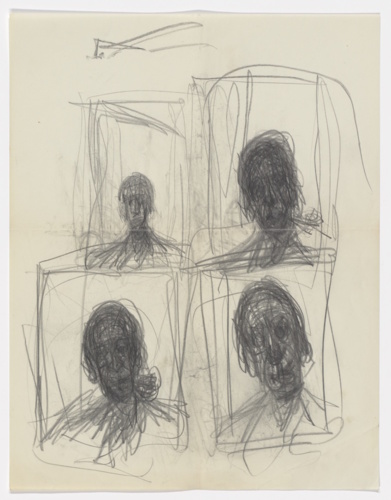 (AG581) Alberto Giacometti, Quatre têtes, crayon sur papier à lettre, 26,9 x 20,9 cm, coll. Fondation Giacometti, Paris, M.Illuminati